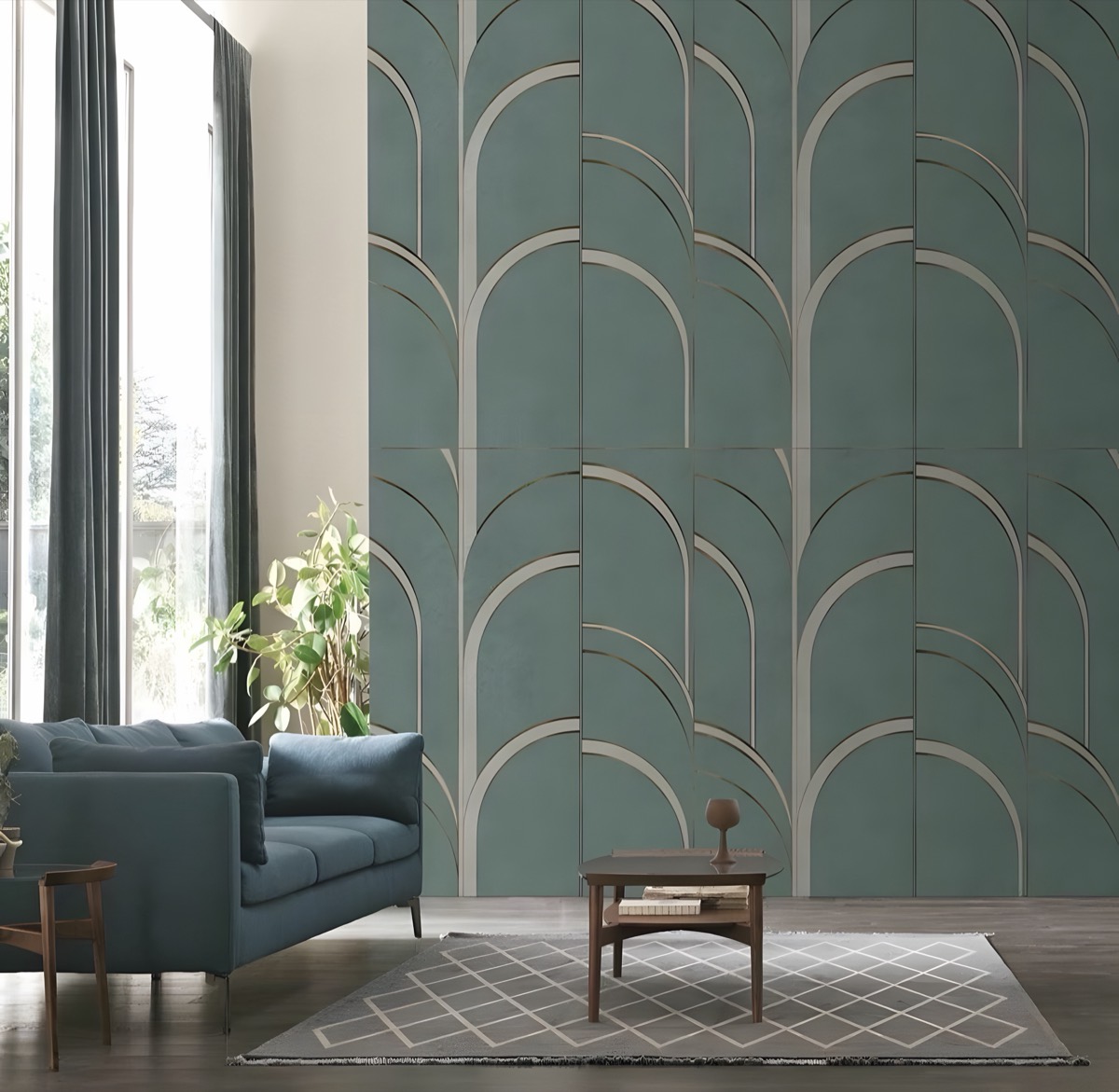 Zona giorno con parete decorativa verde salvia ad archi