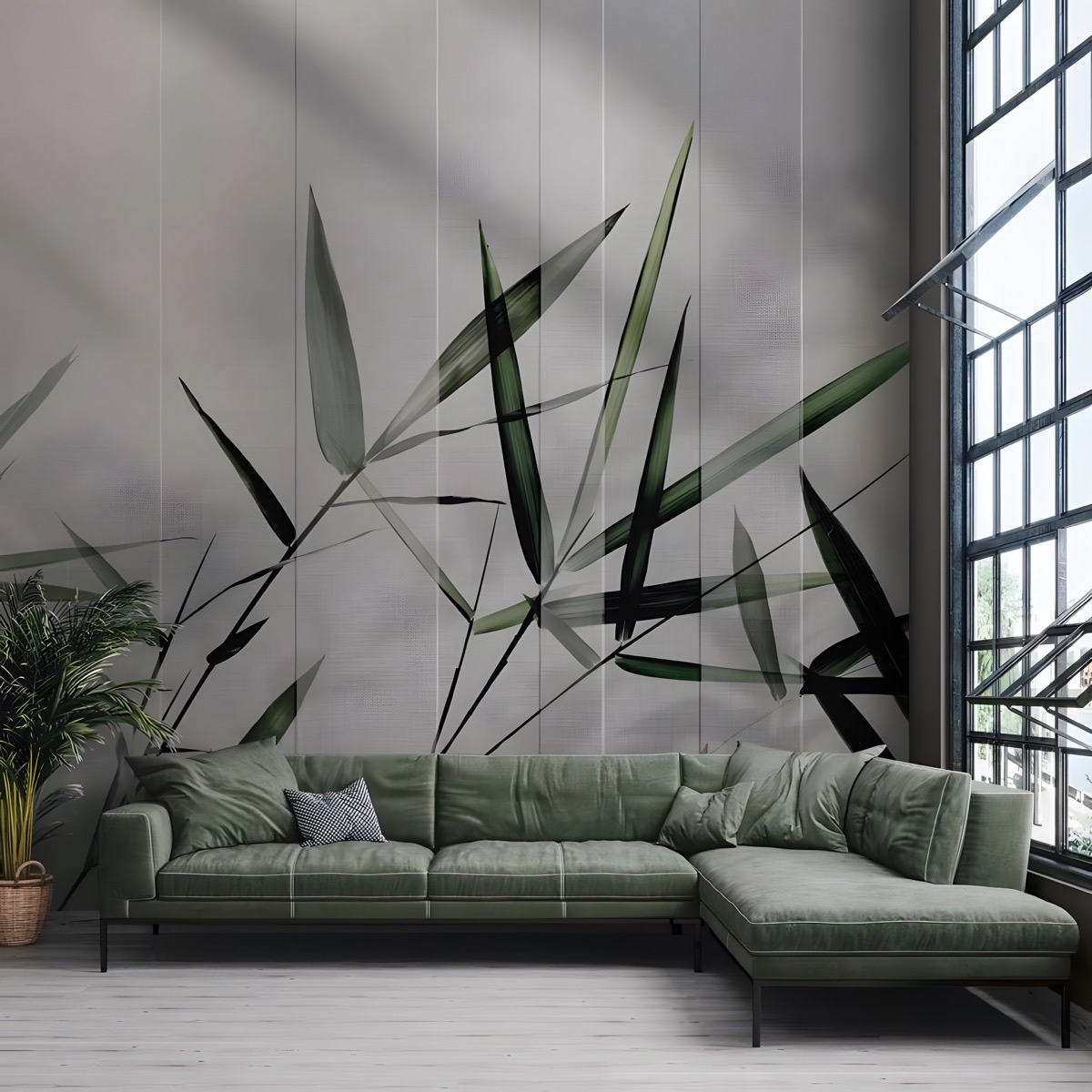 Loft con divano verde e parete con decoro di bambù